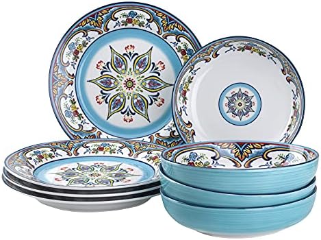 יורו Ceramica Zanzibar סט כלי אוכל 8 חלקים | כלי מטבח משובח | שירות כלי שולחן של עיצוב רב -צבעוני פרחוני כלי שולחן